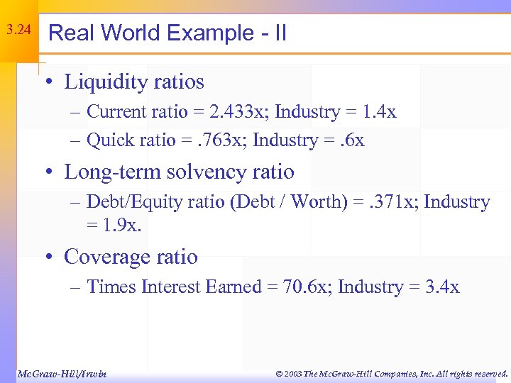 3. 24 Real World Example - II • Liquidity ratios – Current ratio =