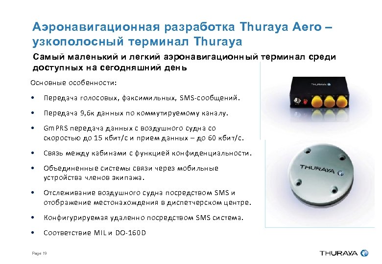 Аэронавигационная разработка Thuraya Aero – узкополосный терминал Thuraya Самый маленький и легкий аэронавигационный терминал