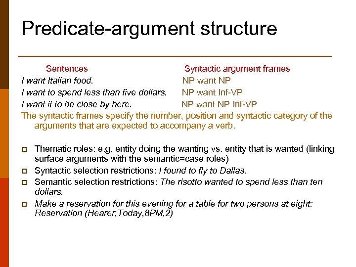 Predicate-argument structure Sentences Syntactic argument frames I want Italian food. NP want NP I