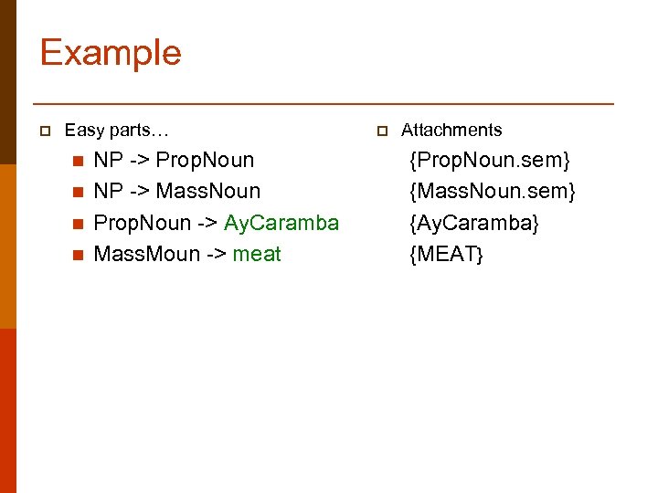 Example p Easy parts… n n NP -> Prop. Noun NP -> Mass. Noun