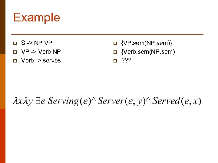 Example p p p S -> NP VP VP -> Verb NP Verb ->