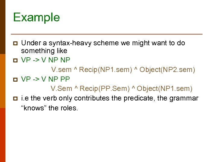 Example p p Under a syntax-heavy scheme we might want to do something like