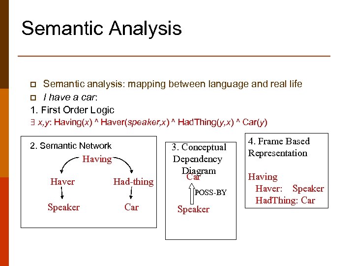 Semantic Analysis Semantic analysis: mapping between language and real life p I have a