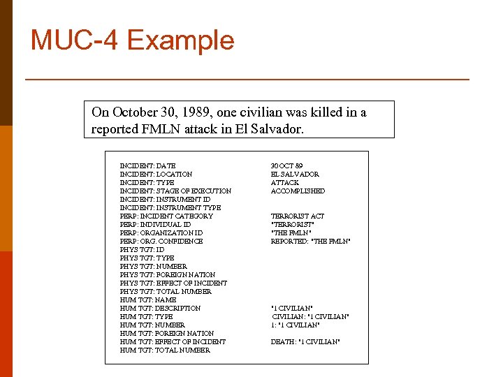 MUC-4 Example On October 30, 1989, one civilian was killed in a reported FMLN