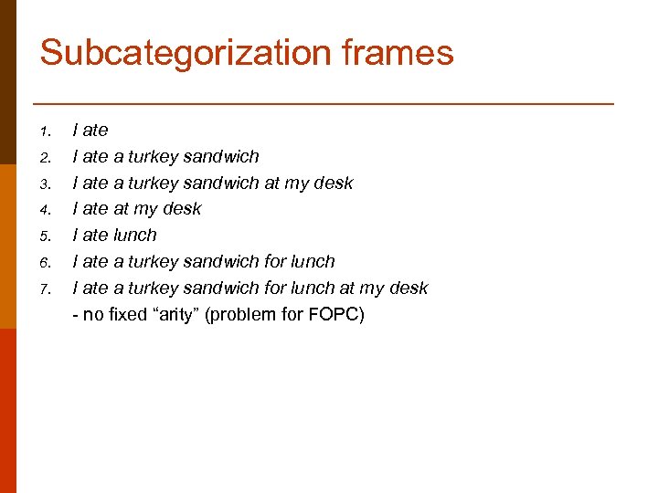 Subcategorization frames 1. 2. 3. 4. 5. 6. 7. I ate a turkey sandwich