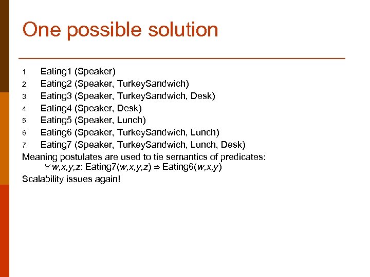 One possible solution Eating 1 (Speaker) 2. Eating 2 (Speaker, Turkey. Sandwich) 3. Eating