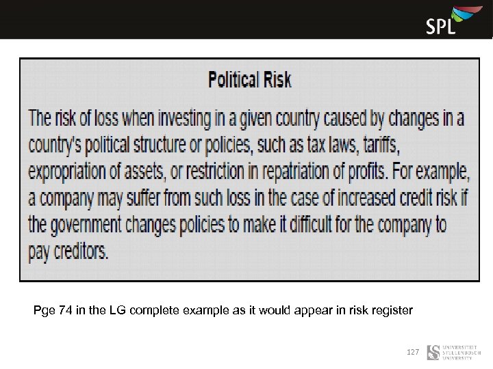 Pge 74 in the LG complete example as it would appear in risk register