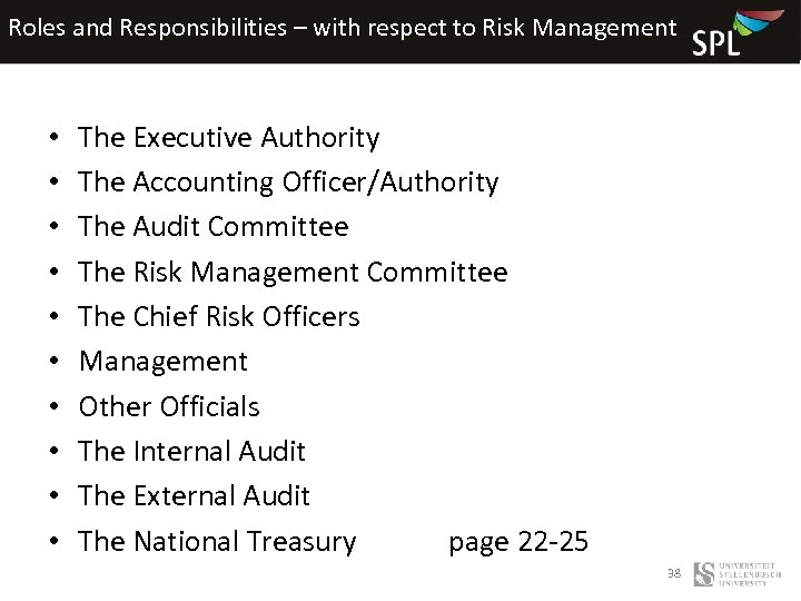 Roles and Responsibilities – with respect to Risk Management • • • The Executive