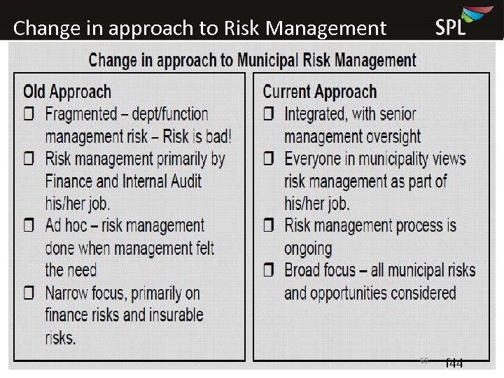 Change in approach to Risk Management Old approach • Fragmented – dept/function management risk