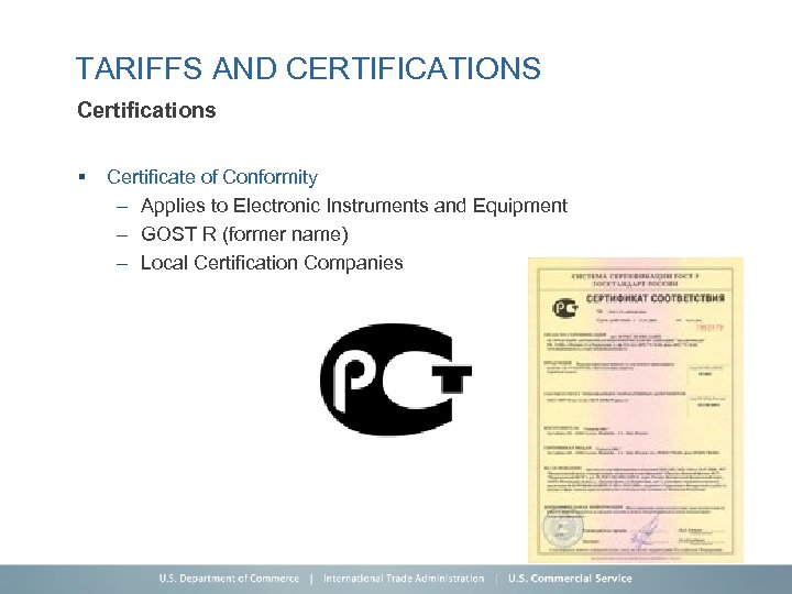 TARIFFS AND CERTIFICATIONS Certifications § Certificate of Conformity – Applies to Electronic Instruments and