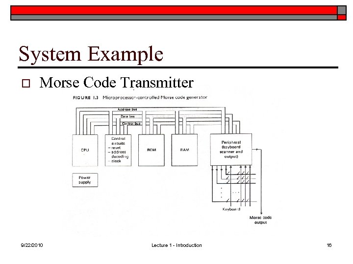 System Example o Morse Code Transmitter 9/22/2010 Lecture 1 - Introduction 16 