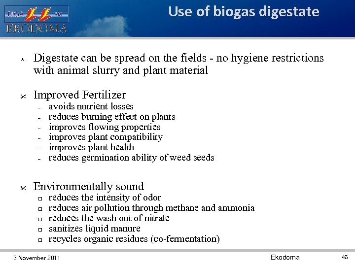 Use of biogas digestate Digestate can be spread on the fields - no hygiene