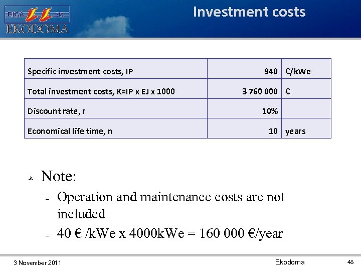 Investment costs Specific investment costs, IP Total investment costs, K=IP x EJ x 1000