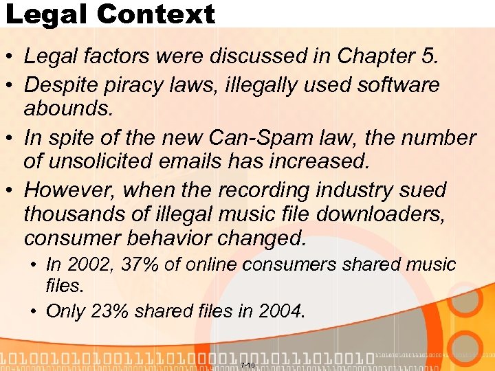 Legal Context • Legal factors were discussed in Chapter 5. • Despite piracy laws,