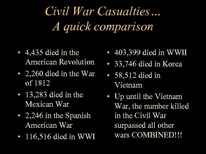 Civil War Casualties… A quick comparison • 4, 435 died in the American Revolution