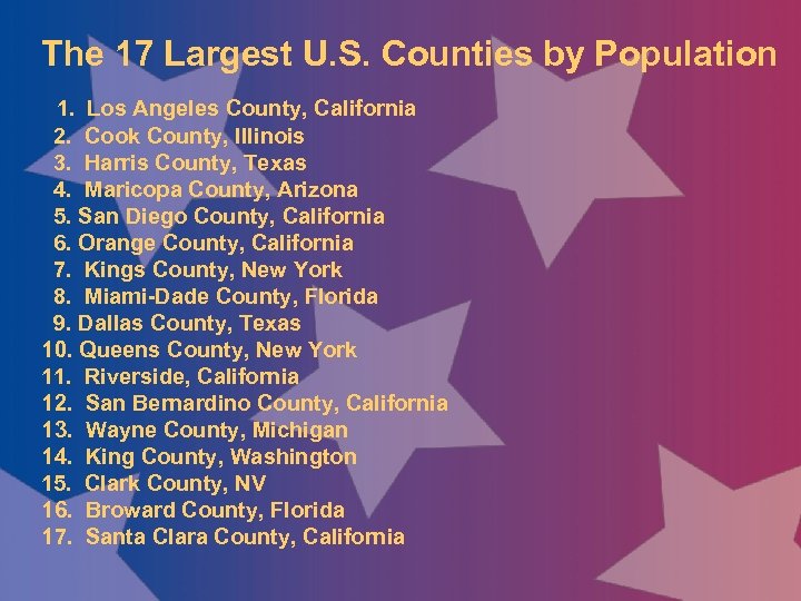The 17 Largest U. S. Counties by Population 1. Los Angeles County, California 2.