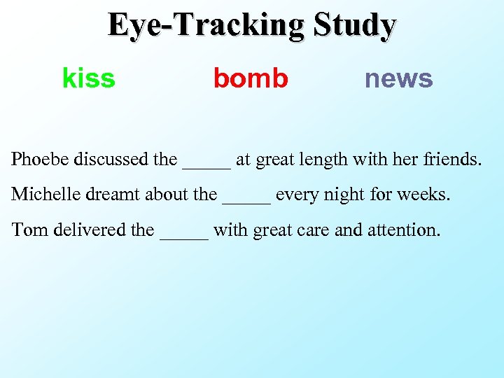 Eye-Tracking Study kiss bomb news Phoebe discussed the _____ at great length with her