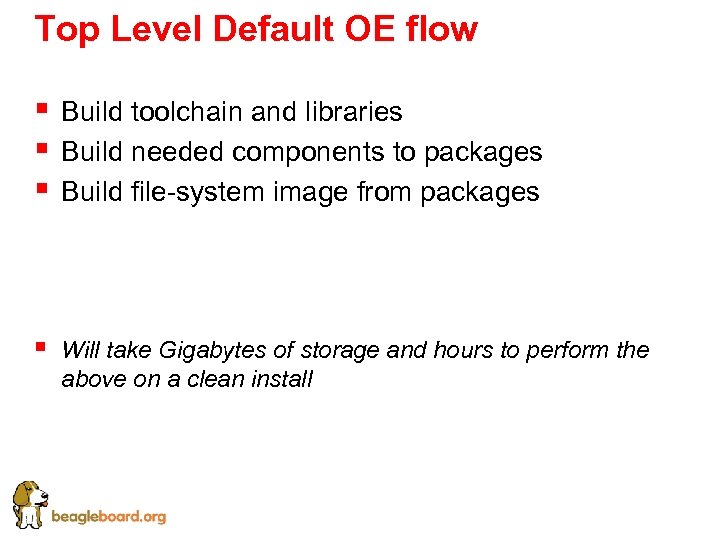 Top Level Default OE flow § § § Build toolchain and libraries Build needed