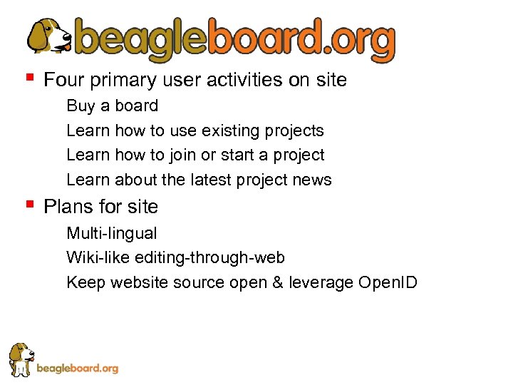 § Four primary user activities on site § Buy a board § Learn how
