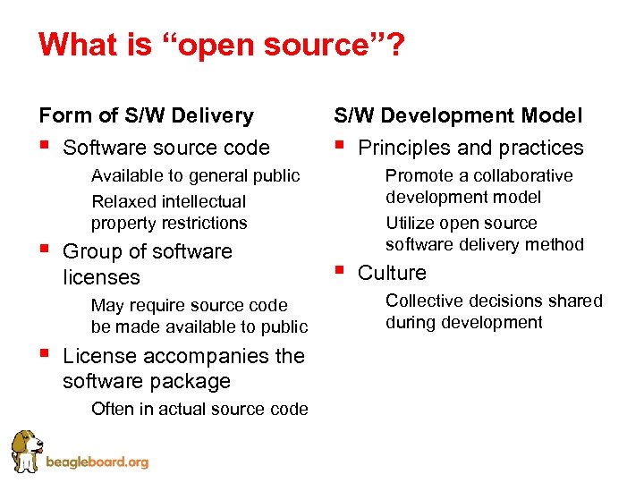 What is “open source”? Form of S/W Delivery S/W Development Model § § Software