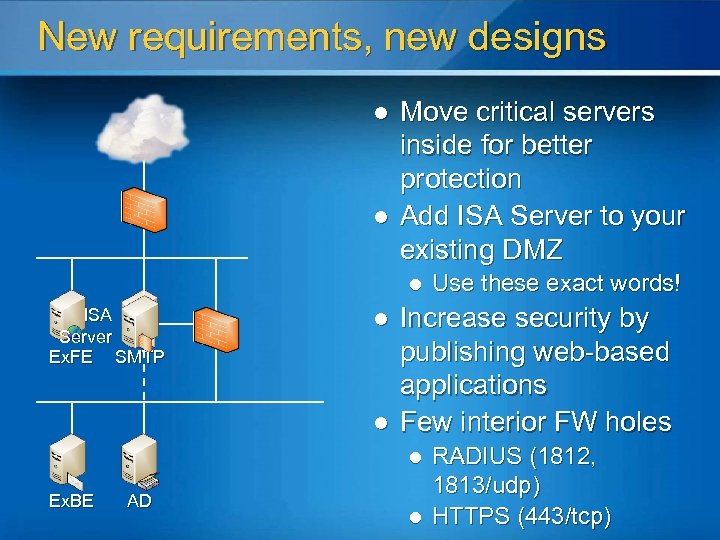 New requirements, new designs l l Move critical servers inside for better protection Add