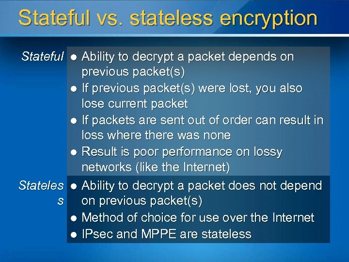 Stateful vs. stateless encryption Stateful Ability to decrypt a packet depends on previous packet(s)
