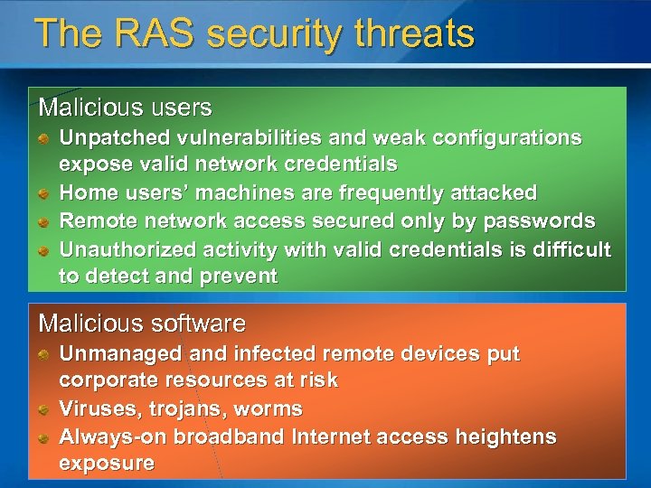 The RAS security threats Malicious users Unpatched vulnerabilities and weak configurations expose valid network