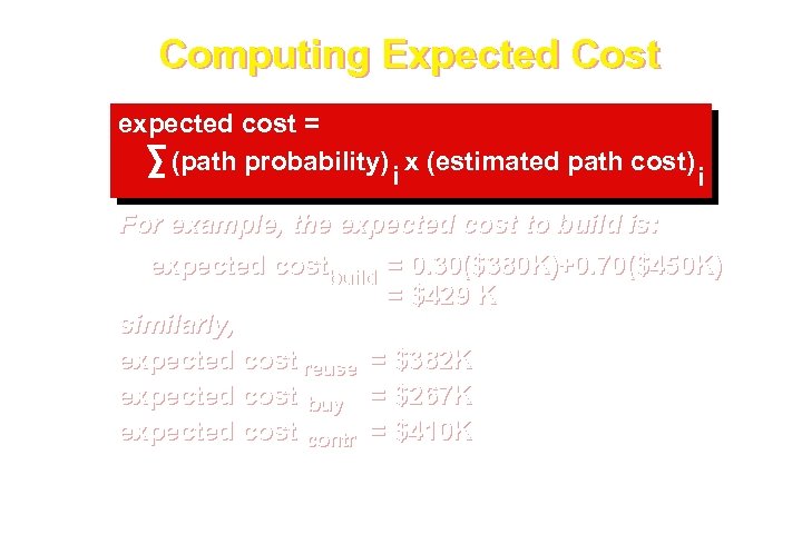 Computing Expected Cost expected cost = (path probability) x (estimated path cost) i i