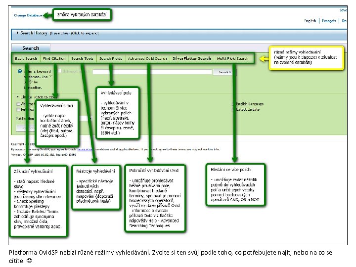 Platforma Ovid. SP nabízí různé režimy vyhledávání. Zvolte si ten svůj podle toho, co