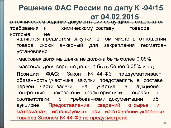 Решение ФАС России по делу К -94/15 от 04. 02. 2015 в техническом задании