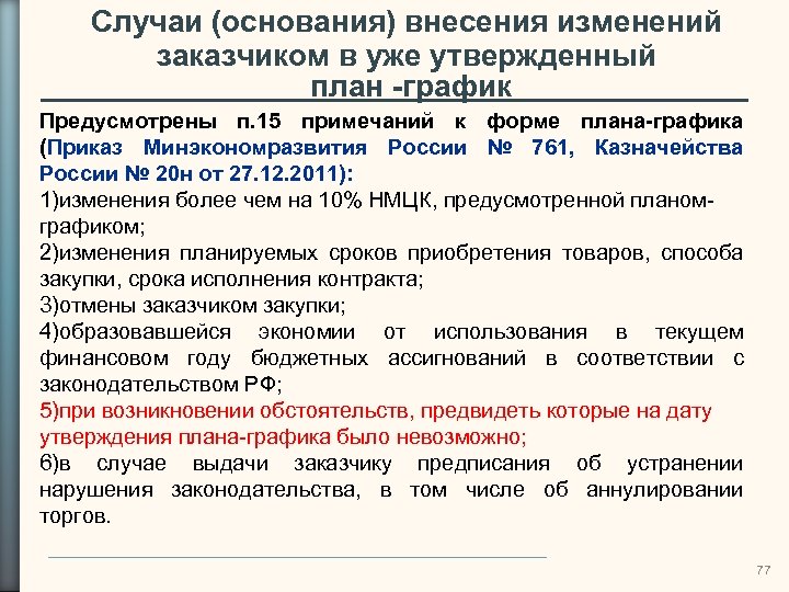 Случаи (основания) внесения изменений заказчиком в уже утвержденный план -график Предусмотрены п. 15 примечаний