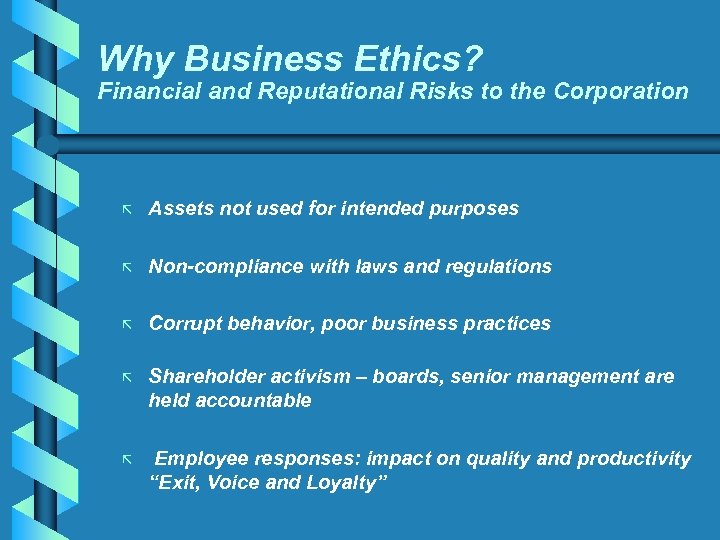 Why Business Ethics? Financial and Reputational Risks to the Corporation ã Assets not used
