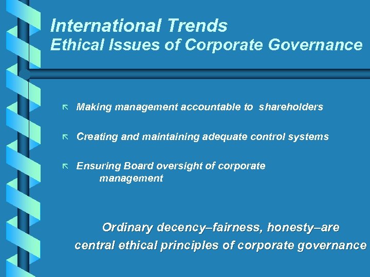 International Trends Ethical Issues of Corporate Governance ã Making management accountable to shareholders ã