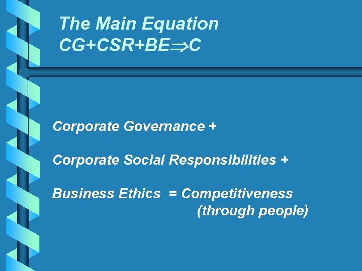The Main Equation CG+CSR+BE C Corporate Governance + Corporate Social Responsibilities + Business Ethics