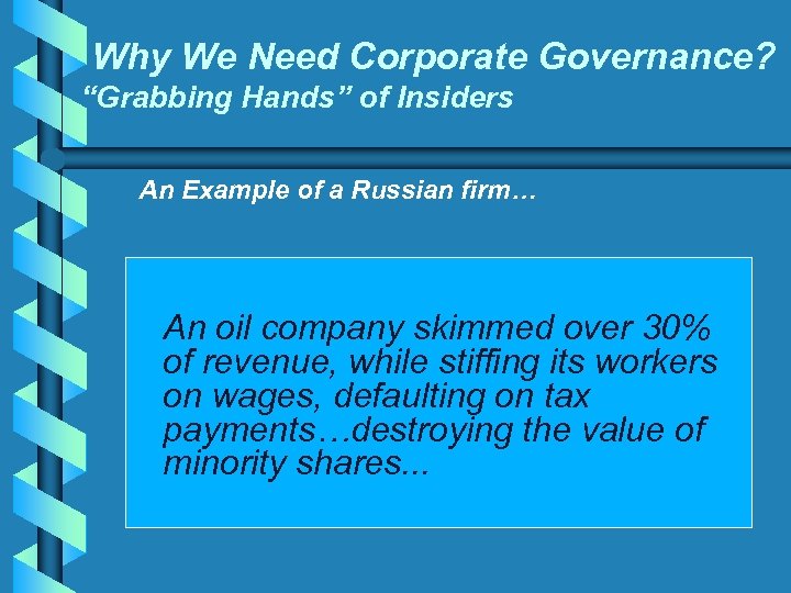 Why We Need Corporate Governance? “Grabbing Hands” of Insiders An Example of a Russian