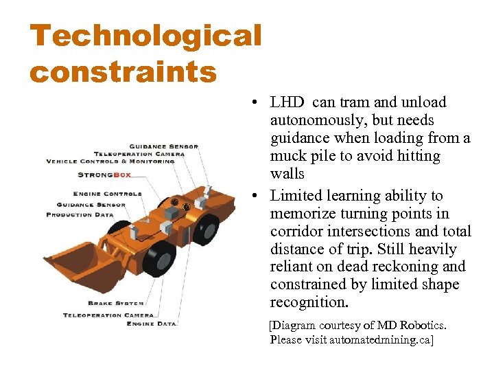 Technological constraints • LHD can tram and unload autonomously, but needs guidance when loading