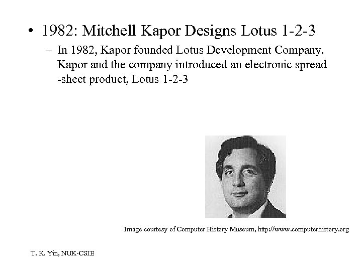  • 1982: Mitchell Kapor Designs Lotus 1 -2 -3 – In 1982, Kapor