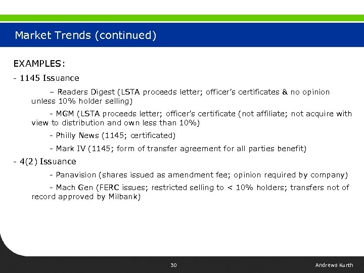 Market Trends (continued) EXAMPLES: - 1145 Issuance – Readers Digest (LSTA proceeds letter; officer’s