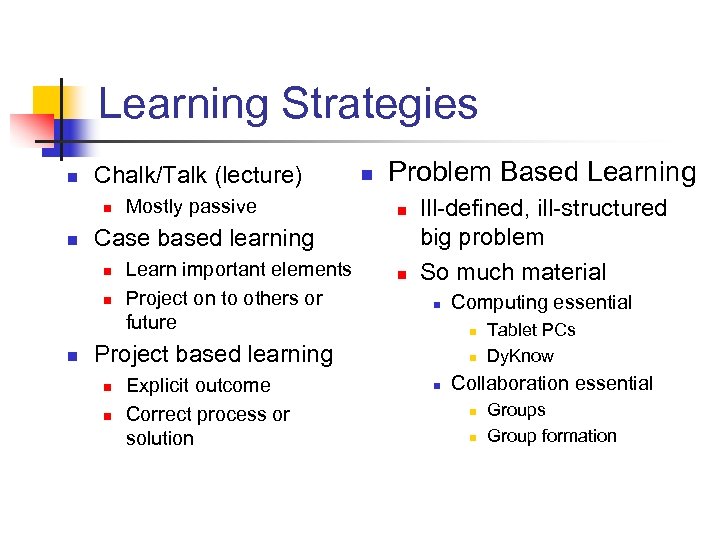 Learning Strategies n Chalk/Talk (lecture) n n Problem Based Learning n Case based learning