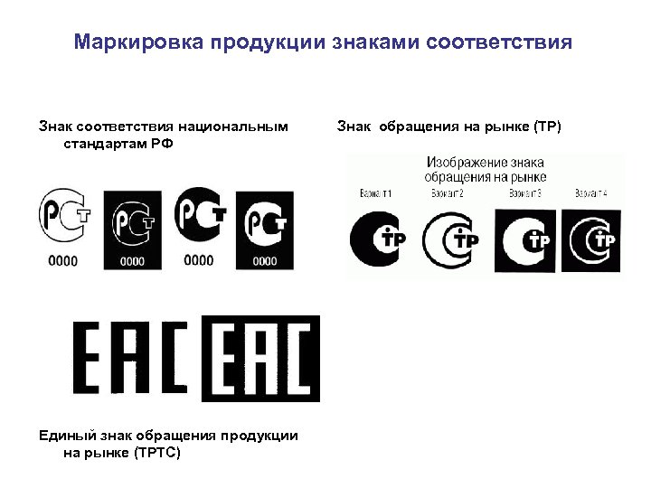 Маркировка продукции знаками соответствия Знак соответствия национальным стандартам РФ Единый знак обращения продукции на