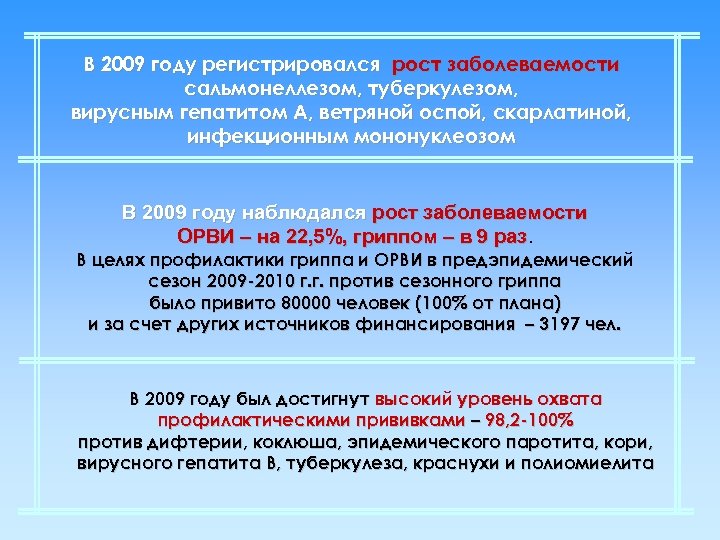 В 2009 году регистрировался рост заболеваемости сальмонеллезом, туберкулезом, вирусным гепатитом А, ветряной оспой, скарлатиной,