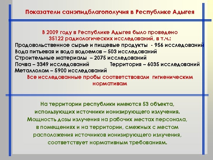 Показатели санэпидблагополучия в Республике Адыгея В 2009 году в Республике Адыгея было проведено 35122