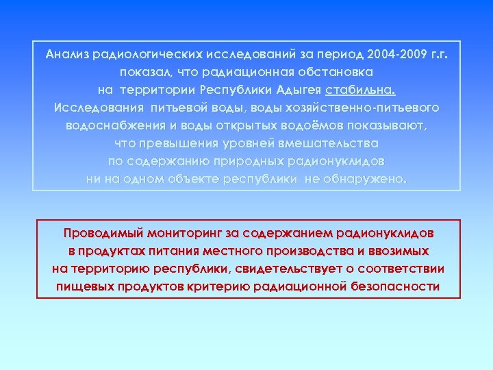 Анализ радиологических исследований за период 2004 -2009 г. г. показал, что радиационная обстановка на