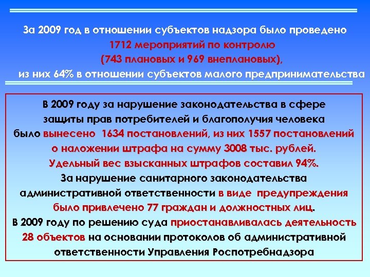 За 2009 год в отношении субъектов надзора было проведено 1712 мероприятий по контролю (743