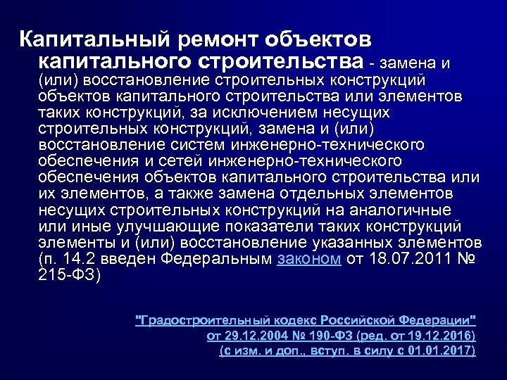 Капитальный ремонт объектов капитального строительства - замена и (или) восстановление строительных конструкций объектов капитального