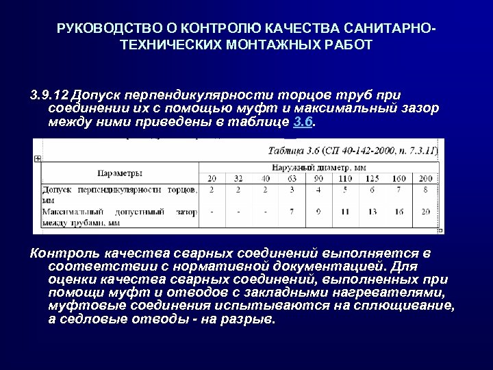 РУКОВОДСТВО О КОНТРОЛЮ КАЧЕСТВА САНИТАРНОТЕХНИЧЕСКИХ МОНТАЖНЫХ РАБОТ 3. 9. 12 Допуск перпендикулярности торцов труб