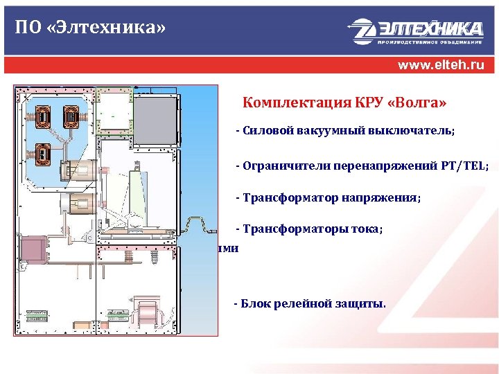 ПО «Элтехника» www. elteh. ru Комплектация КРУ «Волга» - Силовой вакуумный выключатель; - Ограничители