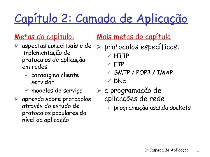 Capítulo 2: Camada de Aplicação Metas do capítulo: Ø Mais metas do capítulo aspectos