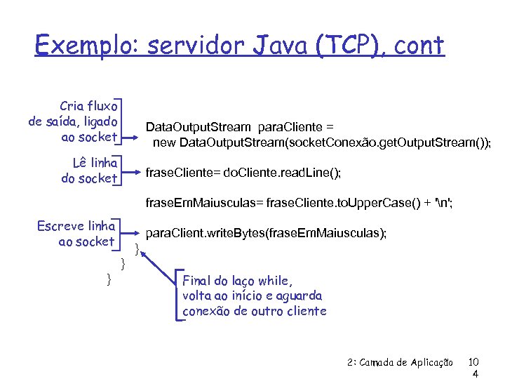 Exemplo: servidor Java (TCP), cont Cria fluxo de saída, ligado Data. Output. Stream para.