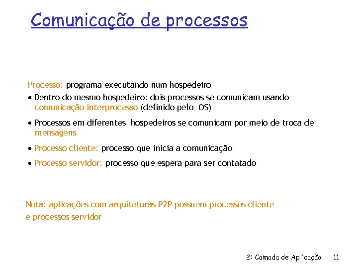 Comunicação de processos Processo: programa executando num hospedeiro Dentro do mesmo hospedeiro: dois processos